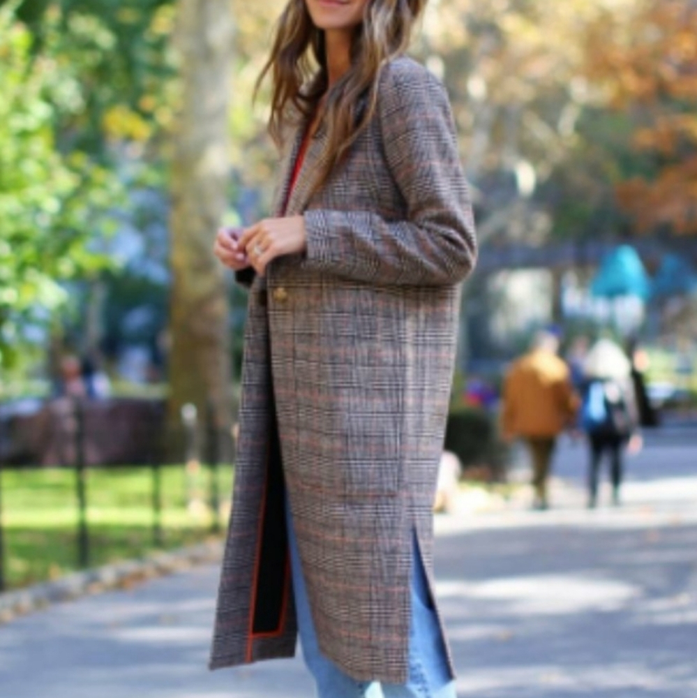 Something Navy Patch Pocket Plaid Coat brown long women size XL